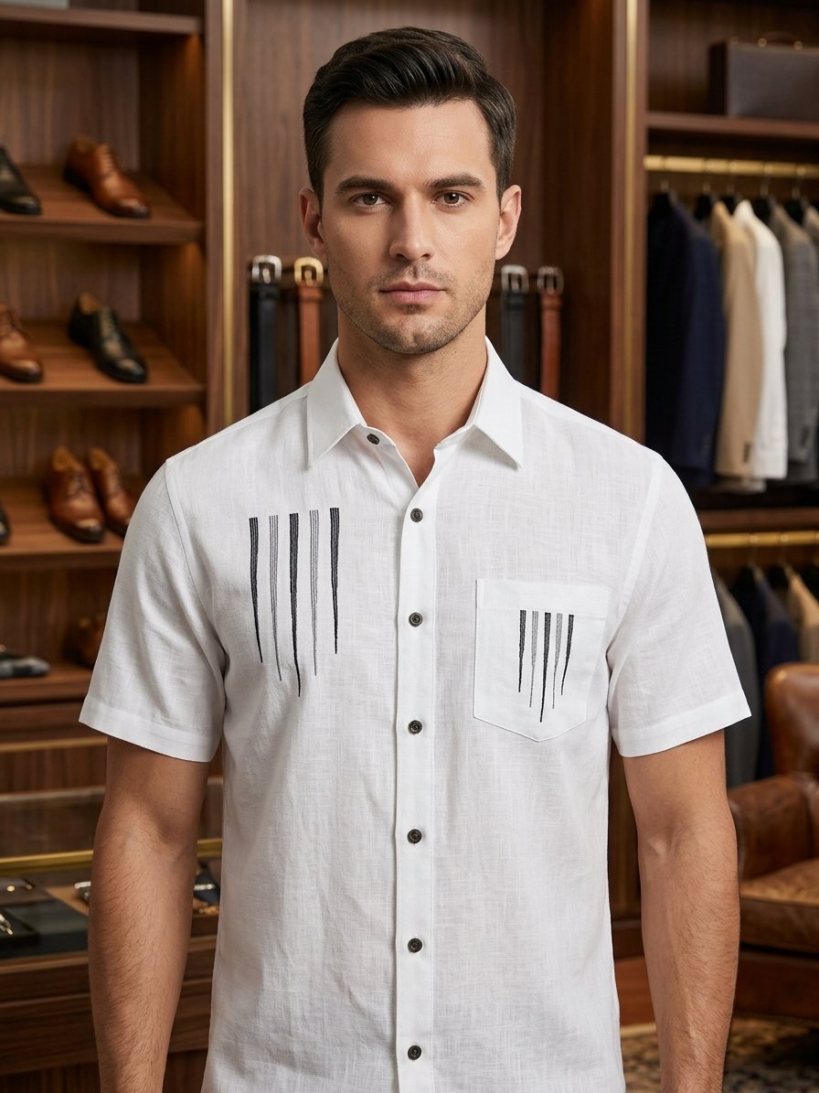Men’s White Embroidered Stripe Short Sleeve Shirt