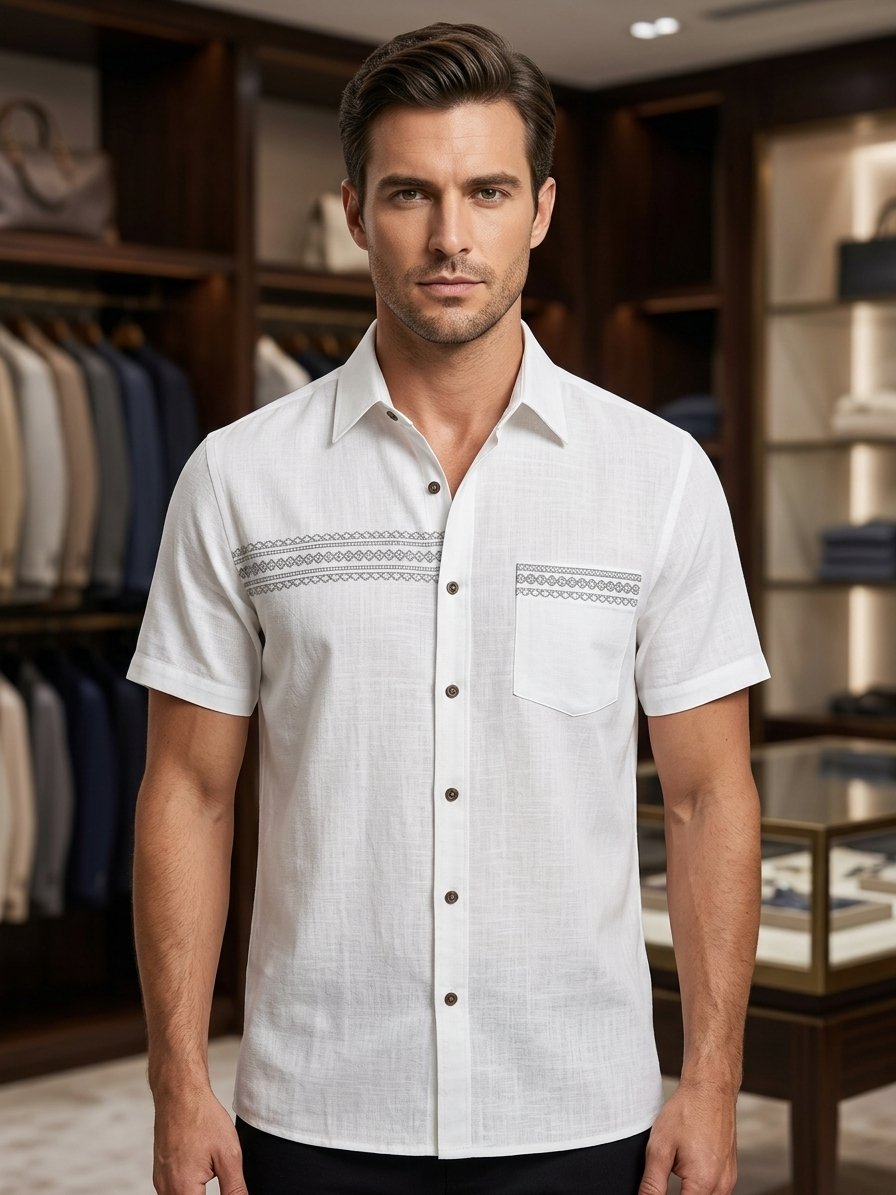 Men’s White Embroidery Classic Short Sleeve Shirt