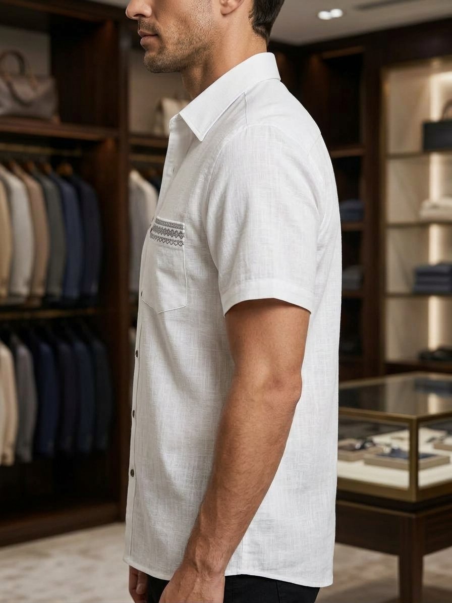 Men’s White Embroidery Classic Short Sleeve Shirt