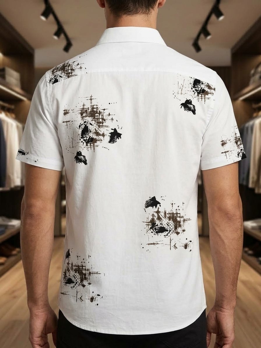 Men’s White Abstract Classic Print Short Sleeve Shirt