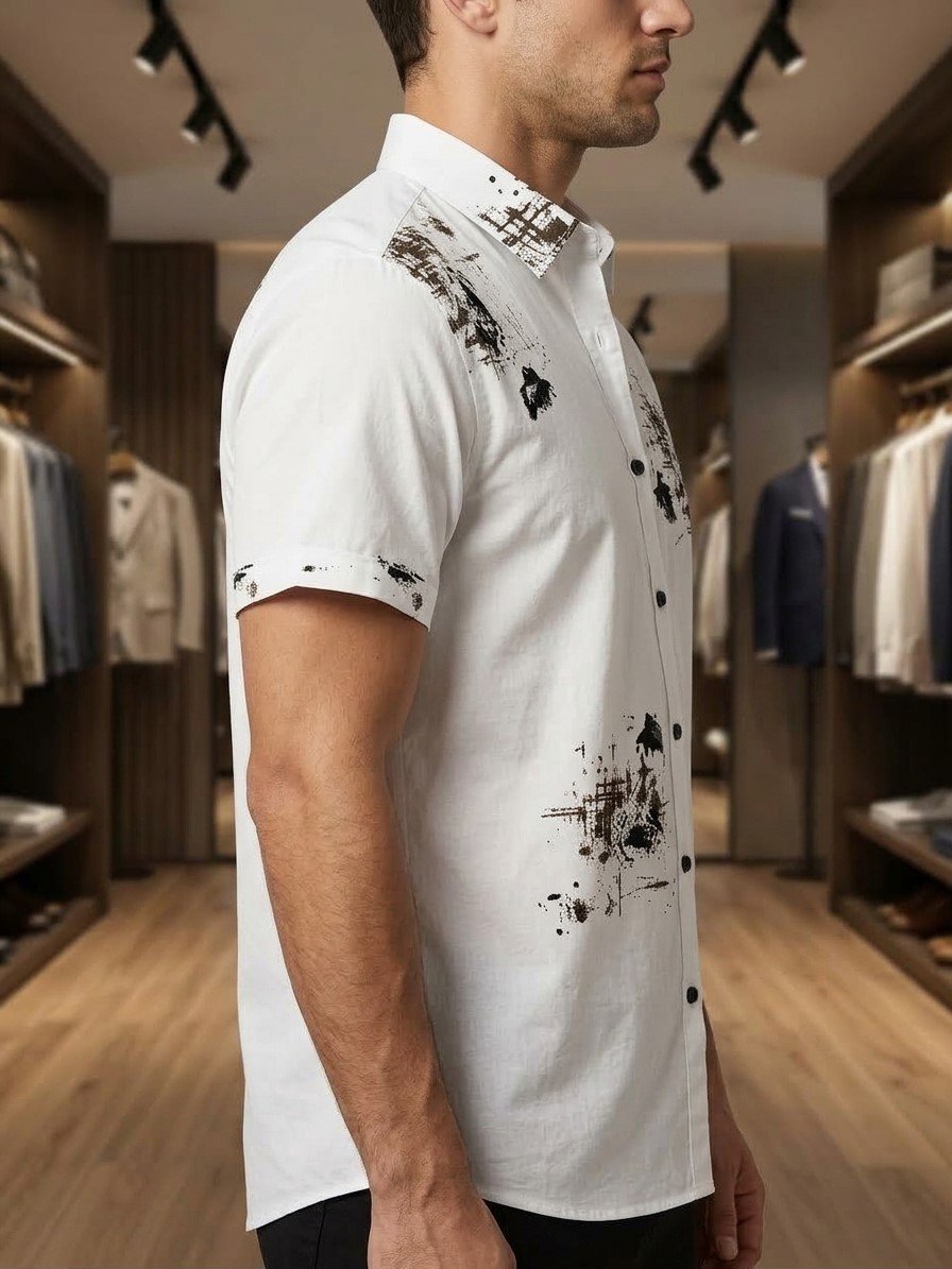 Men’s White Abstract Classic Print Short Sleeve Shirt