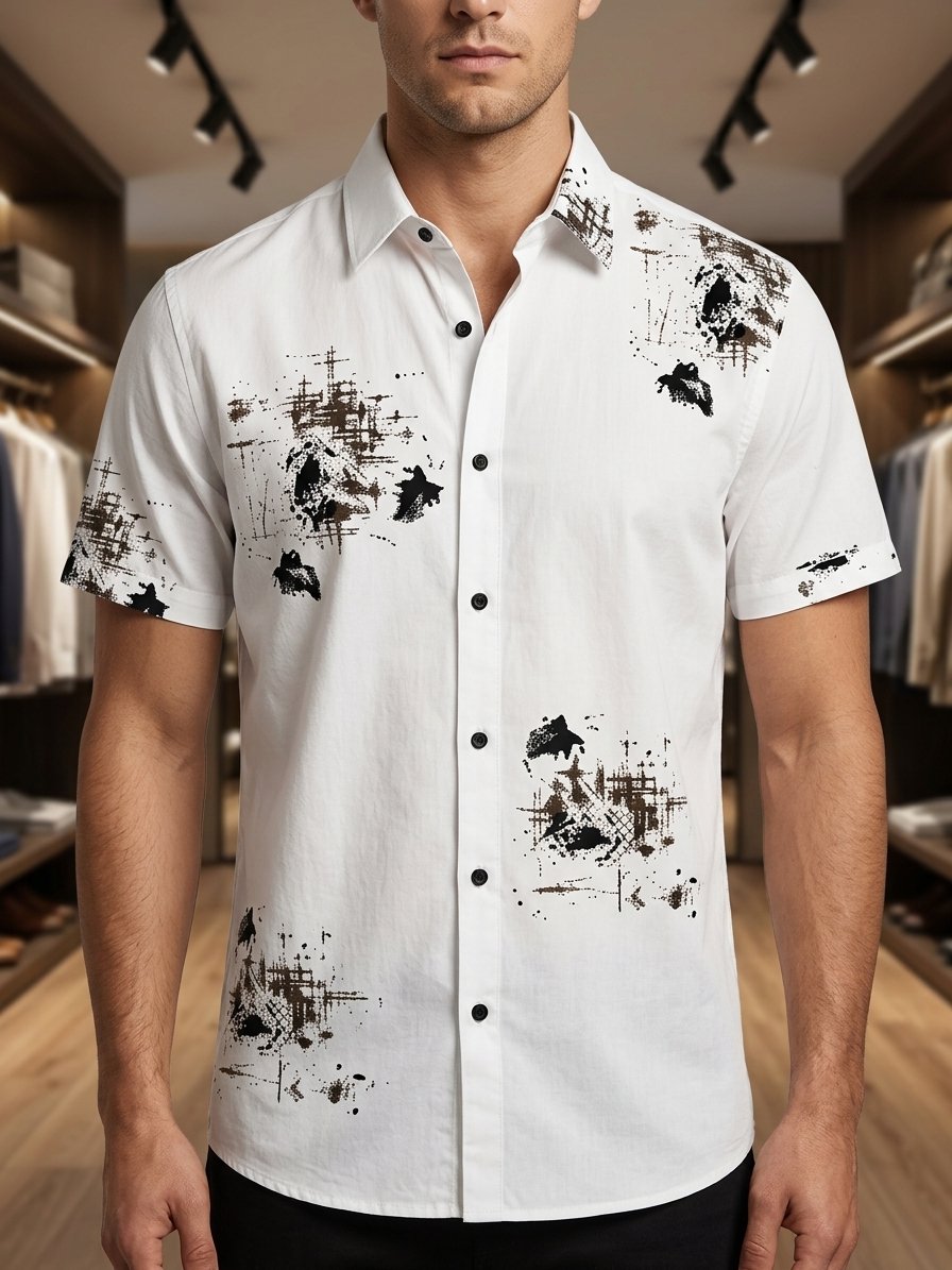 Men’s White Abstract Classic Print Short Sleeve Shirt