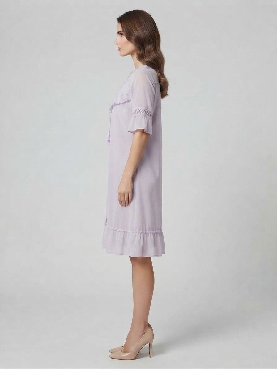 Women’s Lavender Satin Lace Night Dress with Embroidered Yoke
