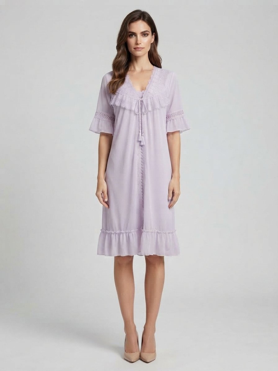 Women’s Lavender Satin Lace Night Dress with Embroidered Yoke