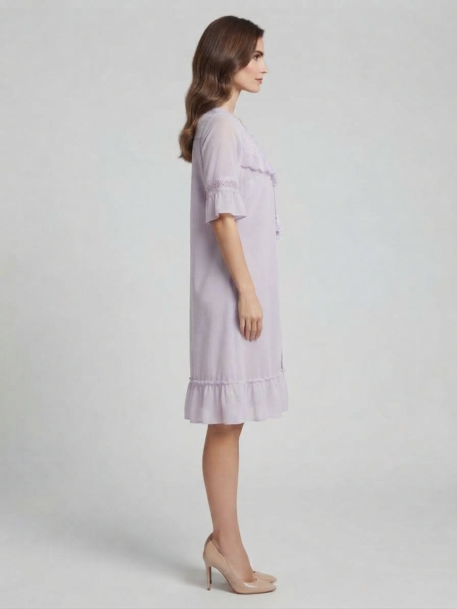 Women’s Lavender Satin Lace Night Dress with Embroidered Yoke