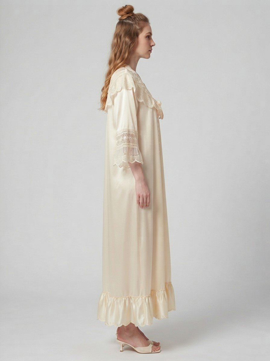 Women’s Lavender Satin Lace Night Dress with Embroidered Yoke