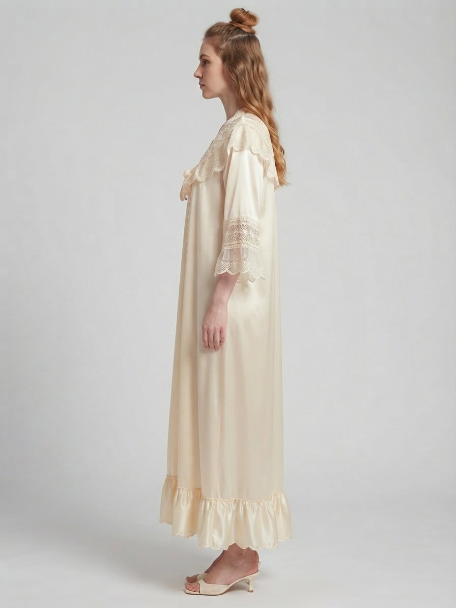 Women’s Lavender Satin Lace Night Dress with Embroidered Yoke