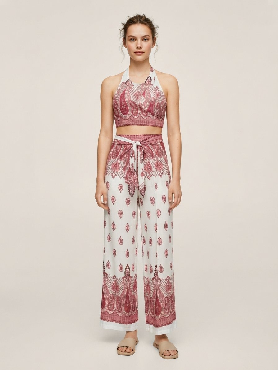 Women’s Ivory Paisley Halter Co-ord Set with Wide-Leg Pants