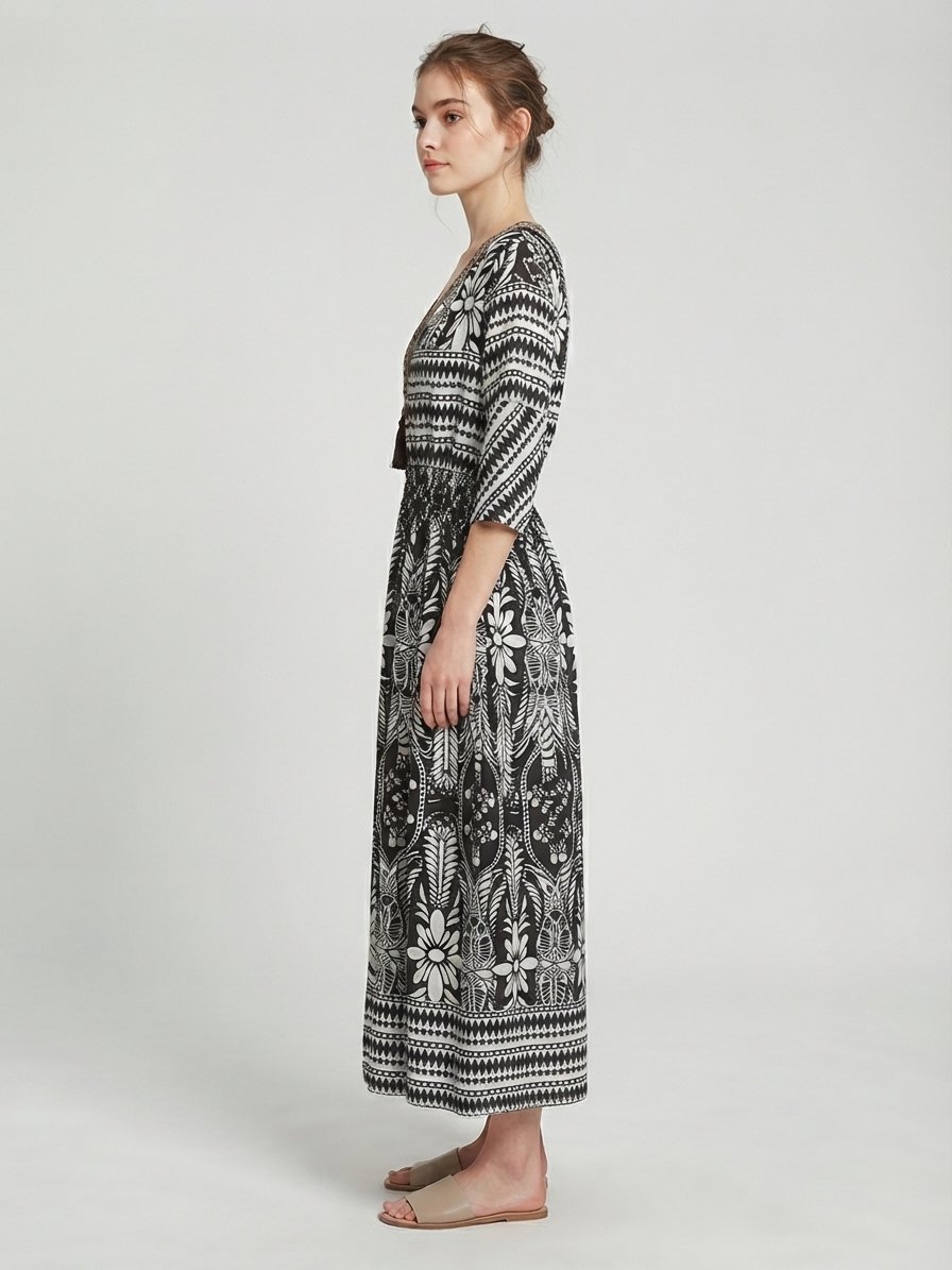 Women’s Black and White Printed Maxi Dress with One Tassel