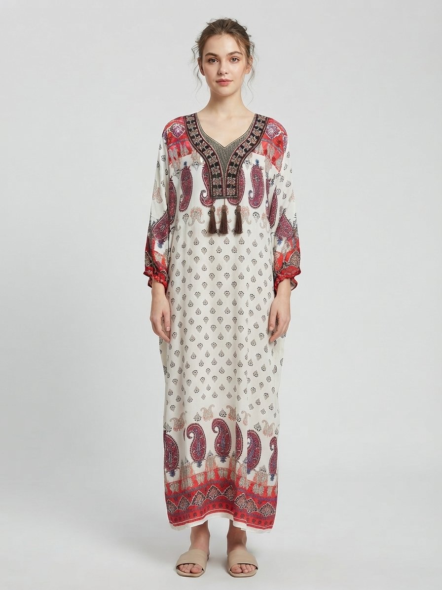 Women’s Ivory Paisley Maxi Dress with Three Tassels