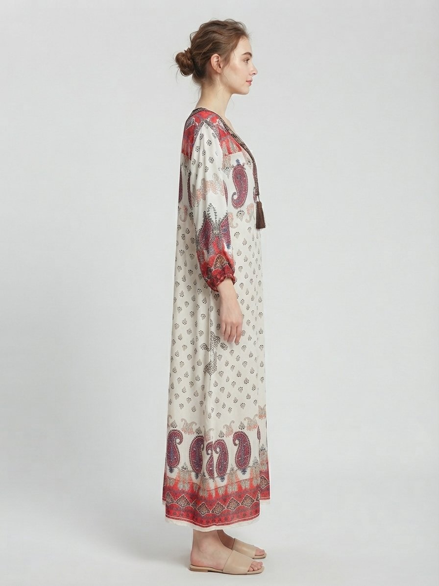 Women’s Ivory Paisley Maxi Dress with Three Tassels