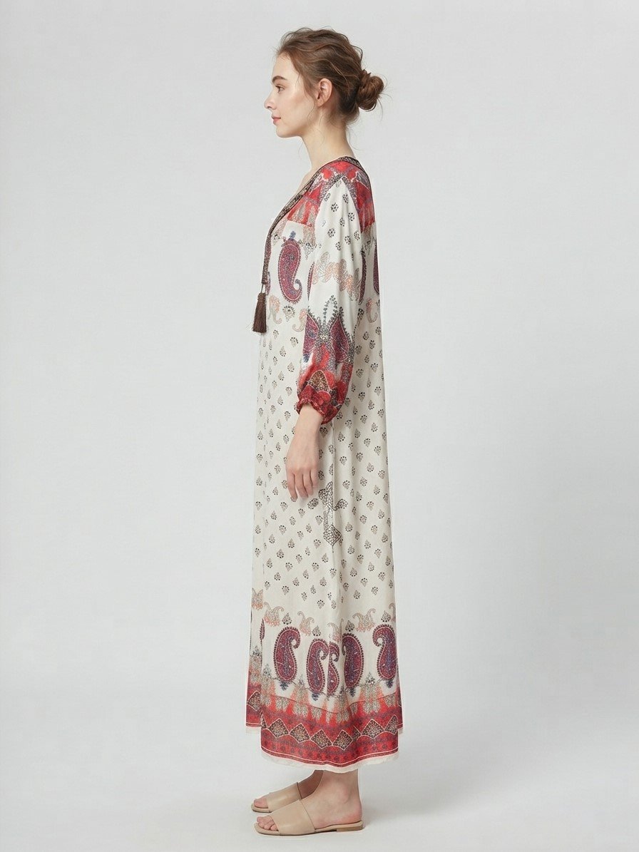 Women’s Ivory Paisley Maxi Dress with Three Tassels