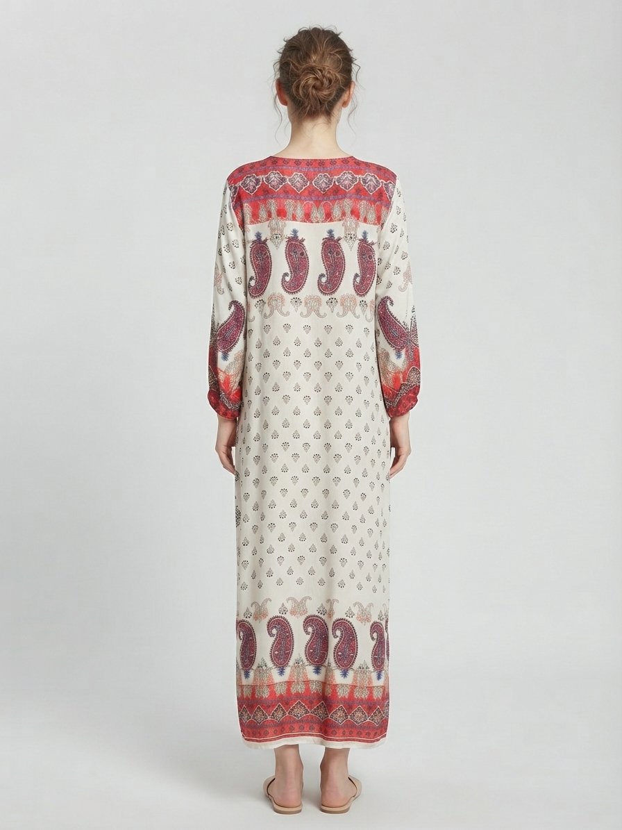 Women’s Ivory Paisley Maxi Dress with Three Tassels