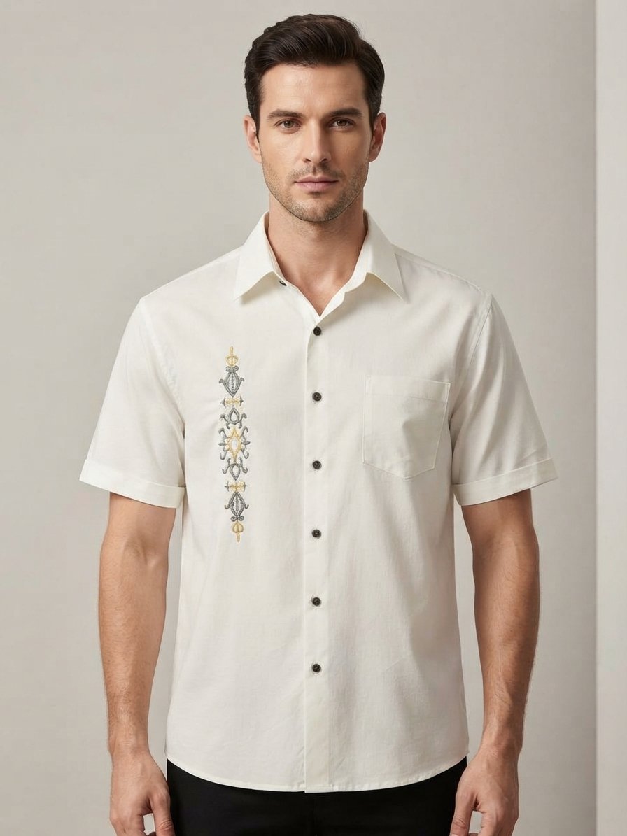 Men’s Ivory Short-Sleeve Shirt with Embroidered Chest Detail