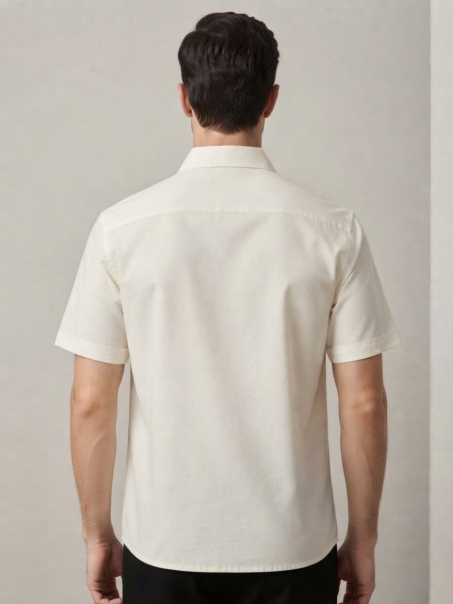 Men’s Ivory Short-Sleeve Shirt with Embroidered Chest Detail