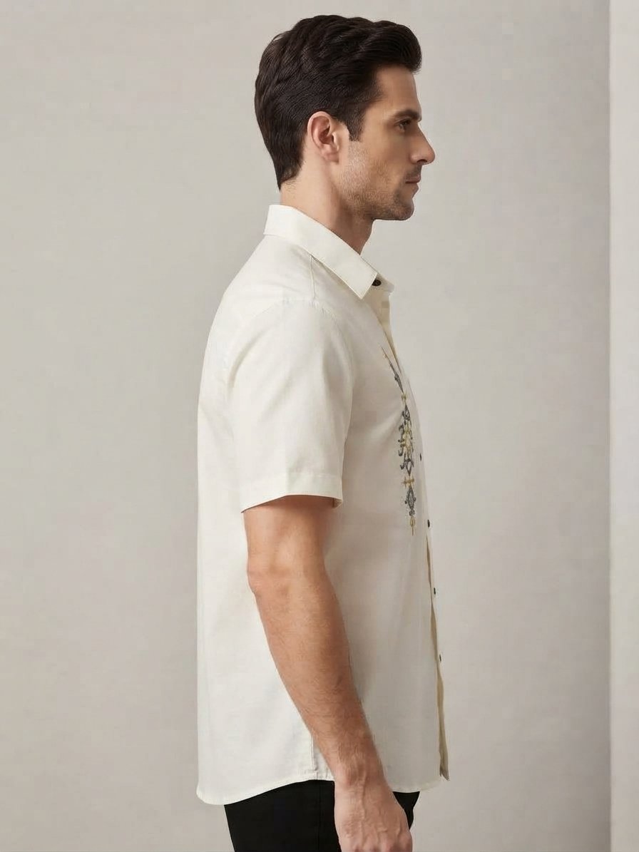Men’s Ivory Short-Sleeve Shirt with Embroidered Chest Detail