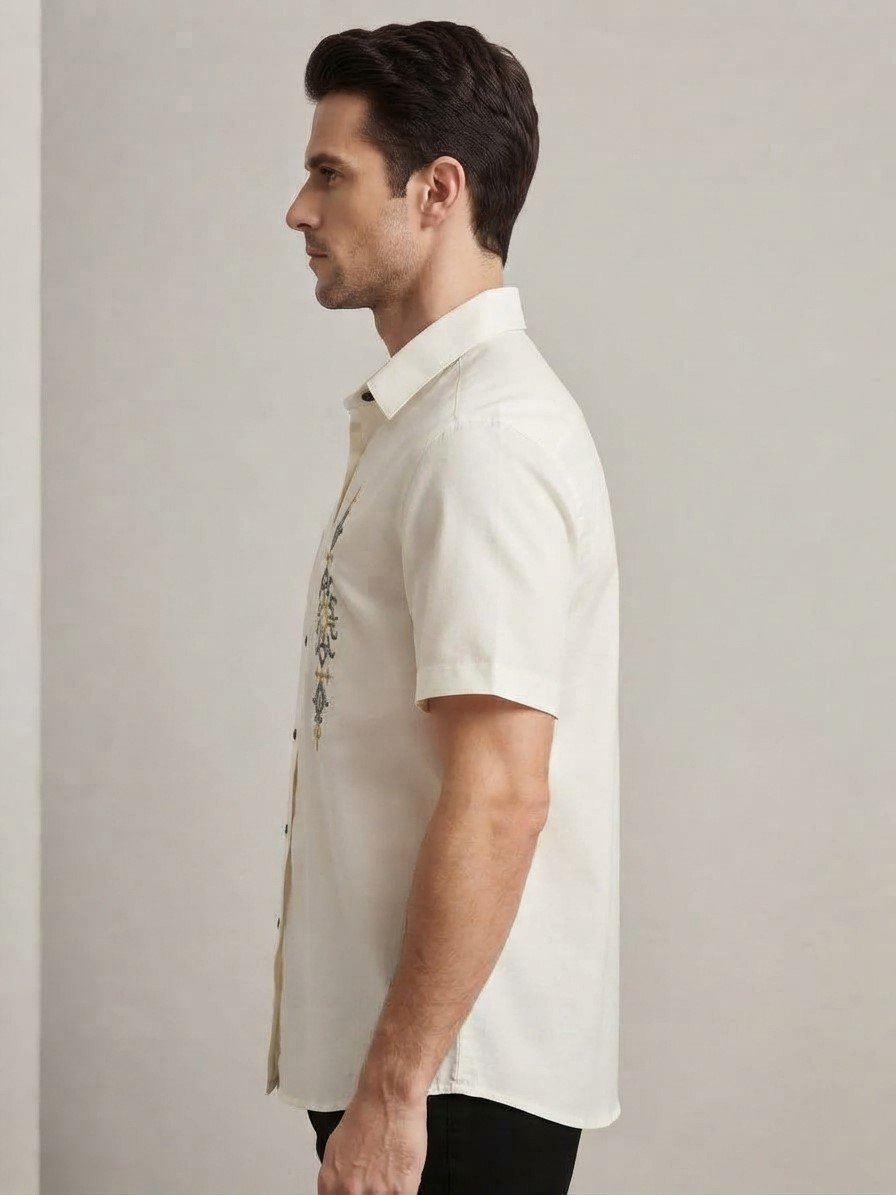 Men’s Ivory Short-Sleeve Shirt with Embroidered Chest Detail