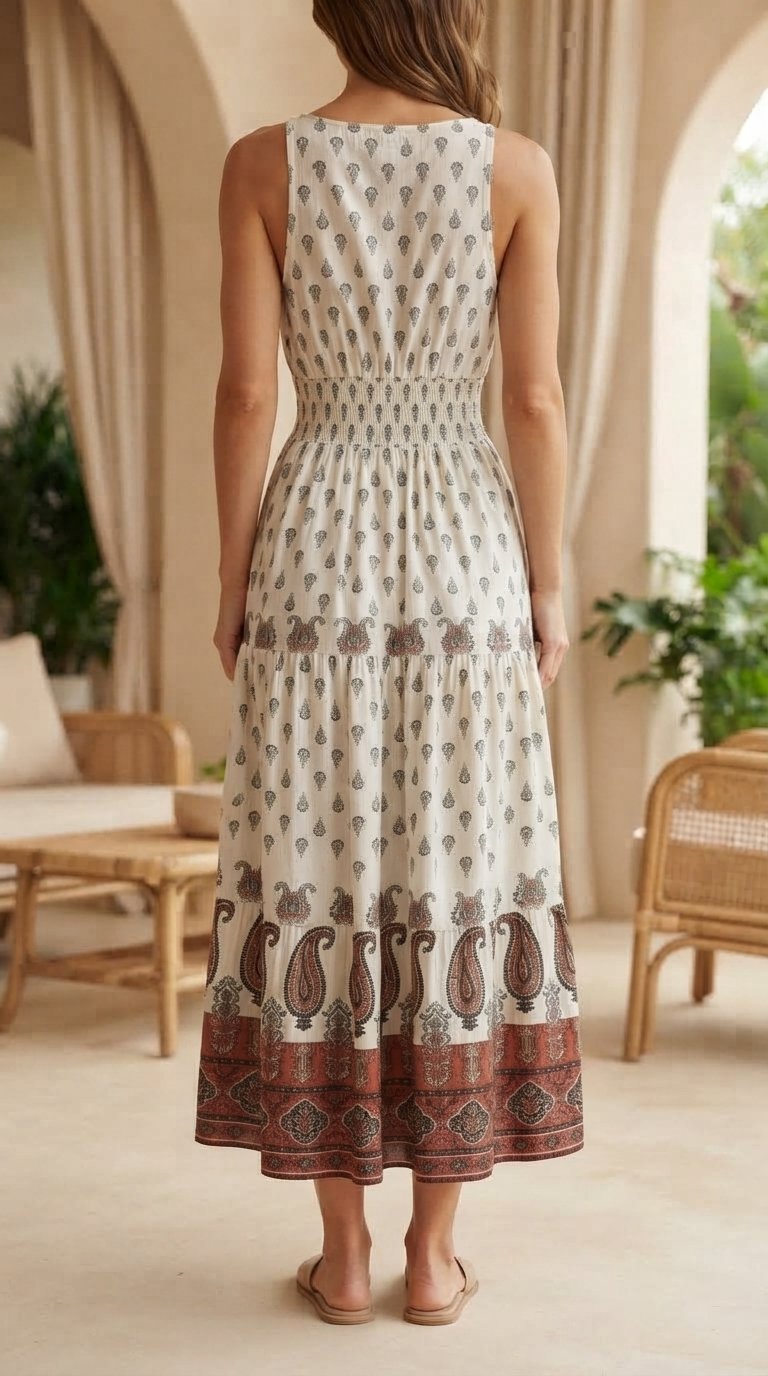 Women’s White Printed Strappy Maxi Dress with Paisley Border