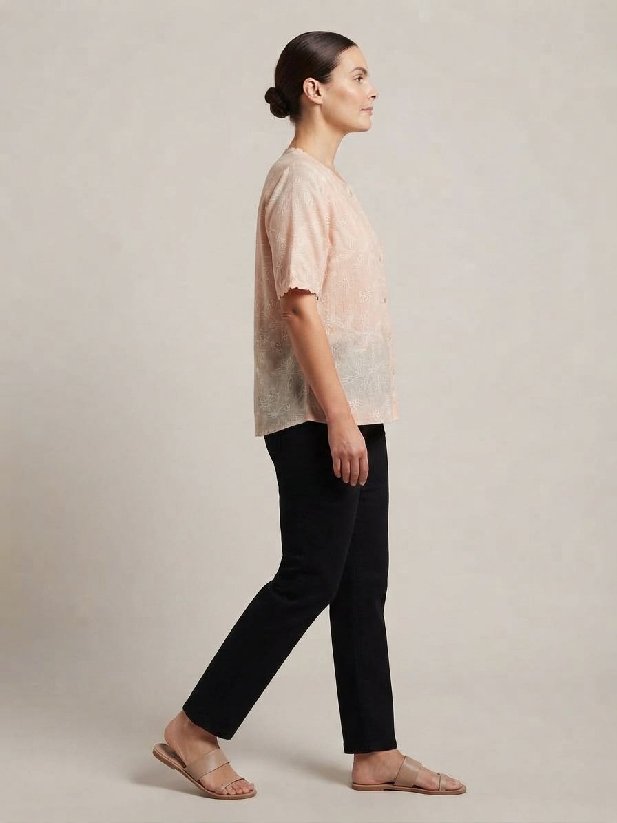 Women’s Peach Embroidered Short Sleeve Button-Front Top