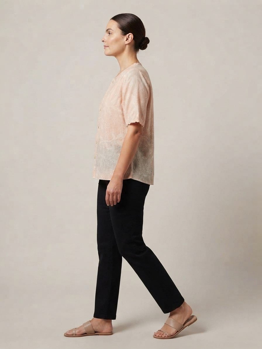 Women’s Peach Embroidered Short Sleeve Button-Front Top