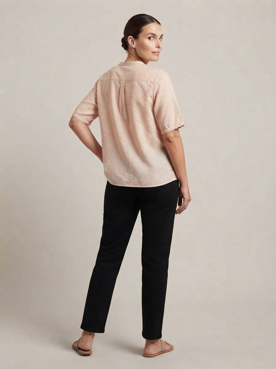 Women’s Peach Embroidered Short Sleeve Button-Front Top