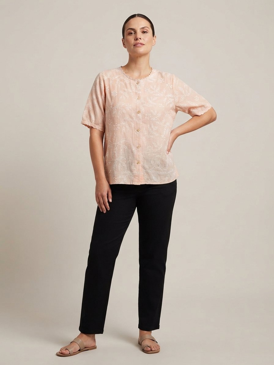 Women’s Peach Embroidered Short Sleeve Button-Front Top