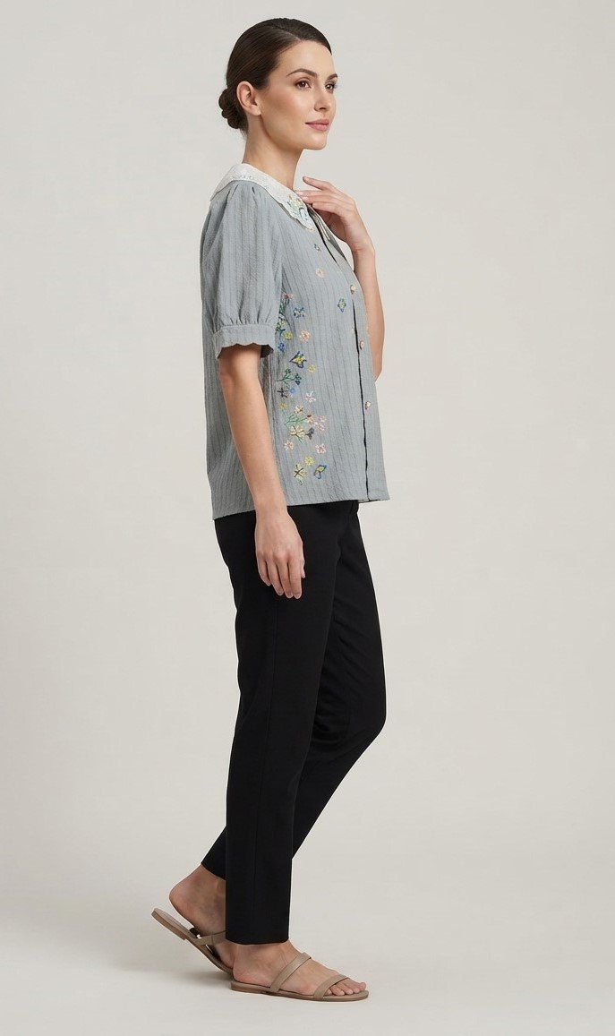 Women’s Grey Embroidered Statement Collar Short Sleeve Top