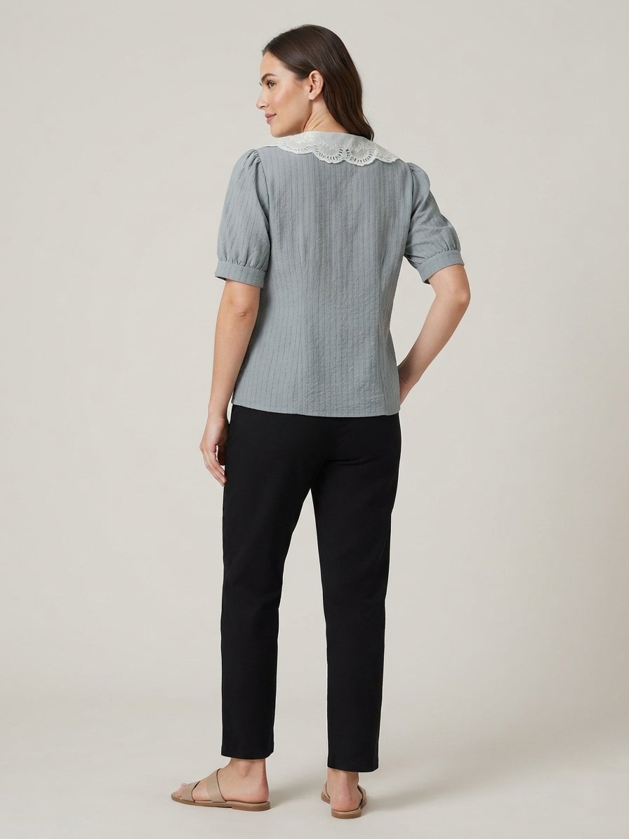 Women’s Grey Embroidered Statement Collar Short Sleeve Top
