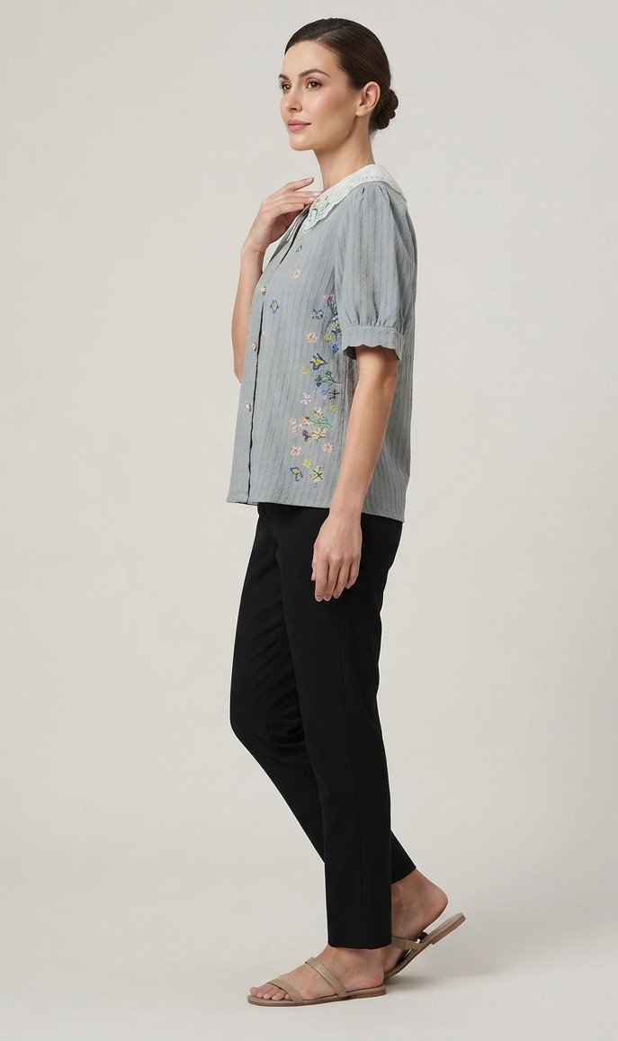 Women’s Grey Embroidered Statement Collar Short Sleeve Top