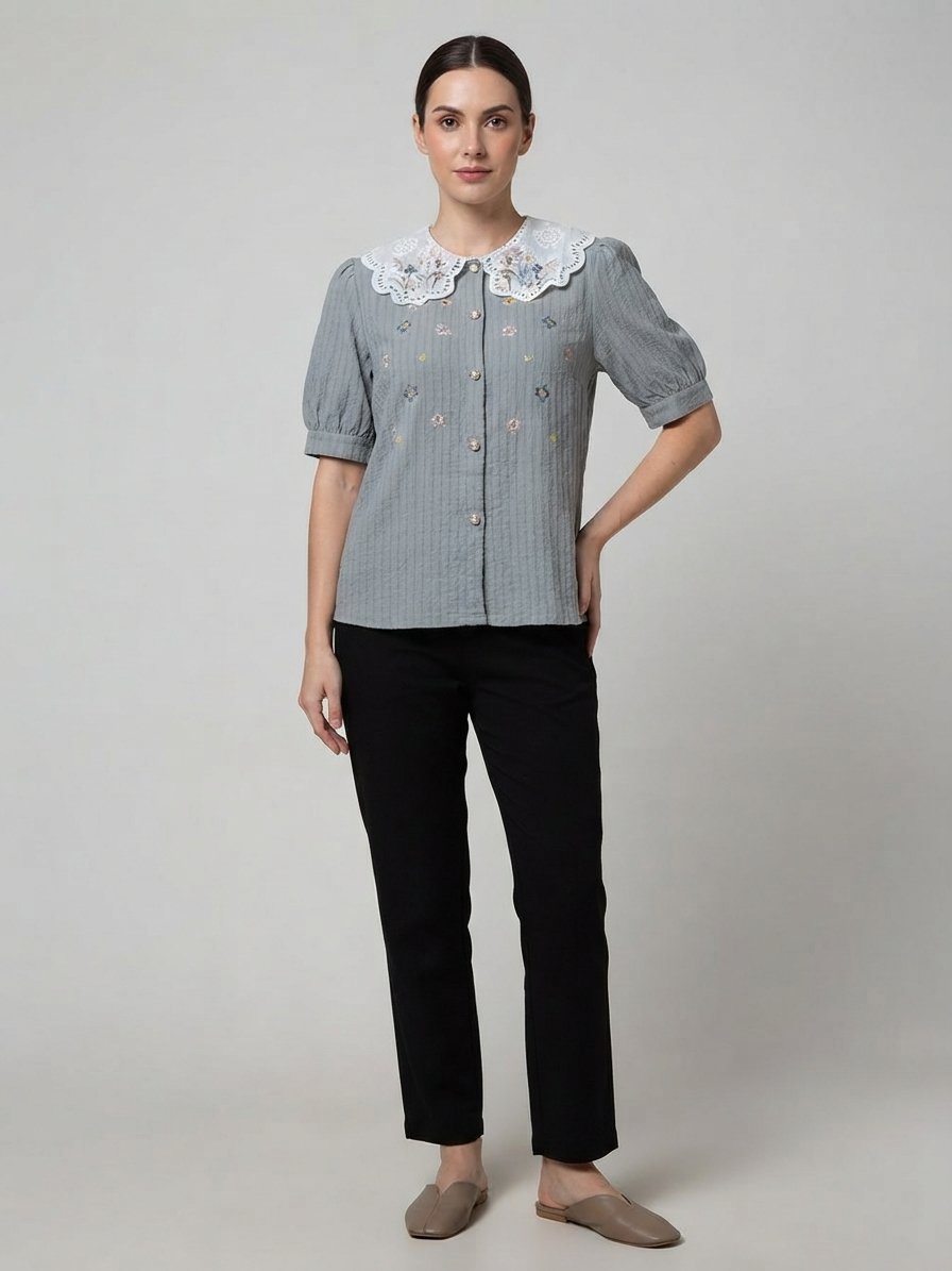 Women’s Grey Embroidered Statement Collar Short Sleeve Top