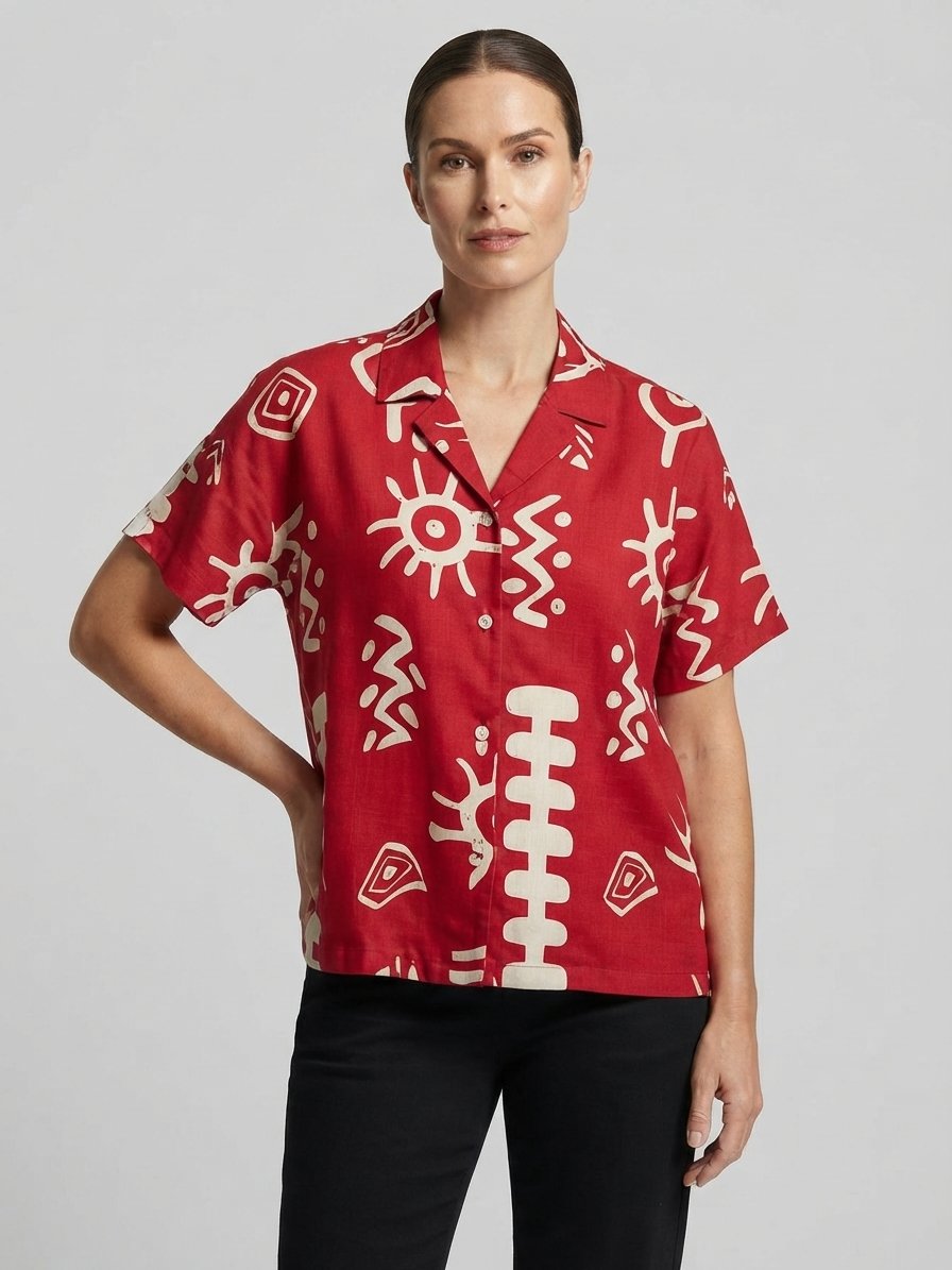 Women’s Magenta Abstract Printed Short Sleeve Resort Shirt