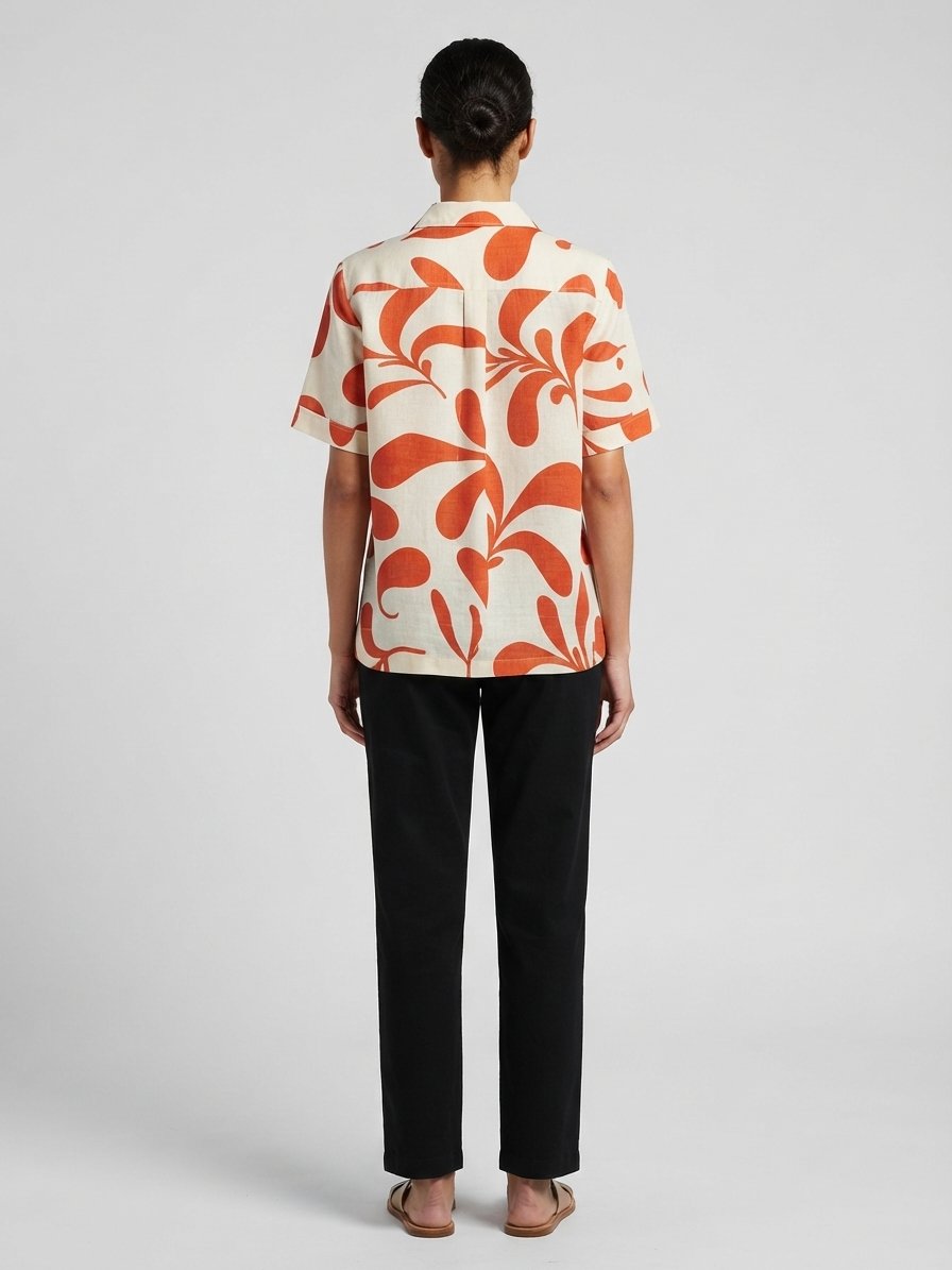 Women’s Orange Abstract Botanical Printed Short Sleeve Shirt