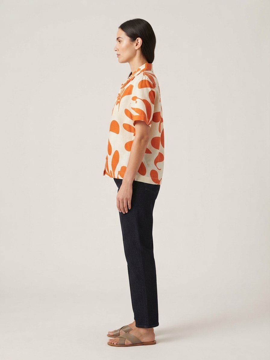 Women’s Orange Abstract Botanical Printed Short Sleeve Shirt