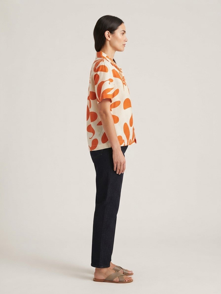 Women’s Orange Abstract Botanical Printed Short Sleeve Shirt