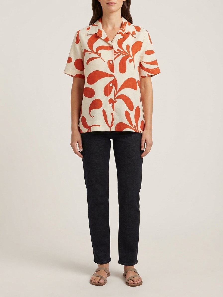 Women’s Orange Abstract Botanical Printed Short Sleeve Shirt