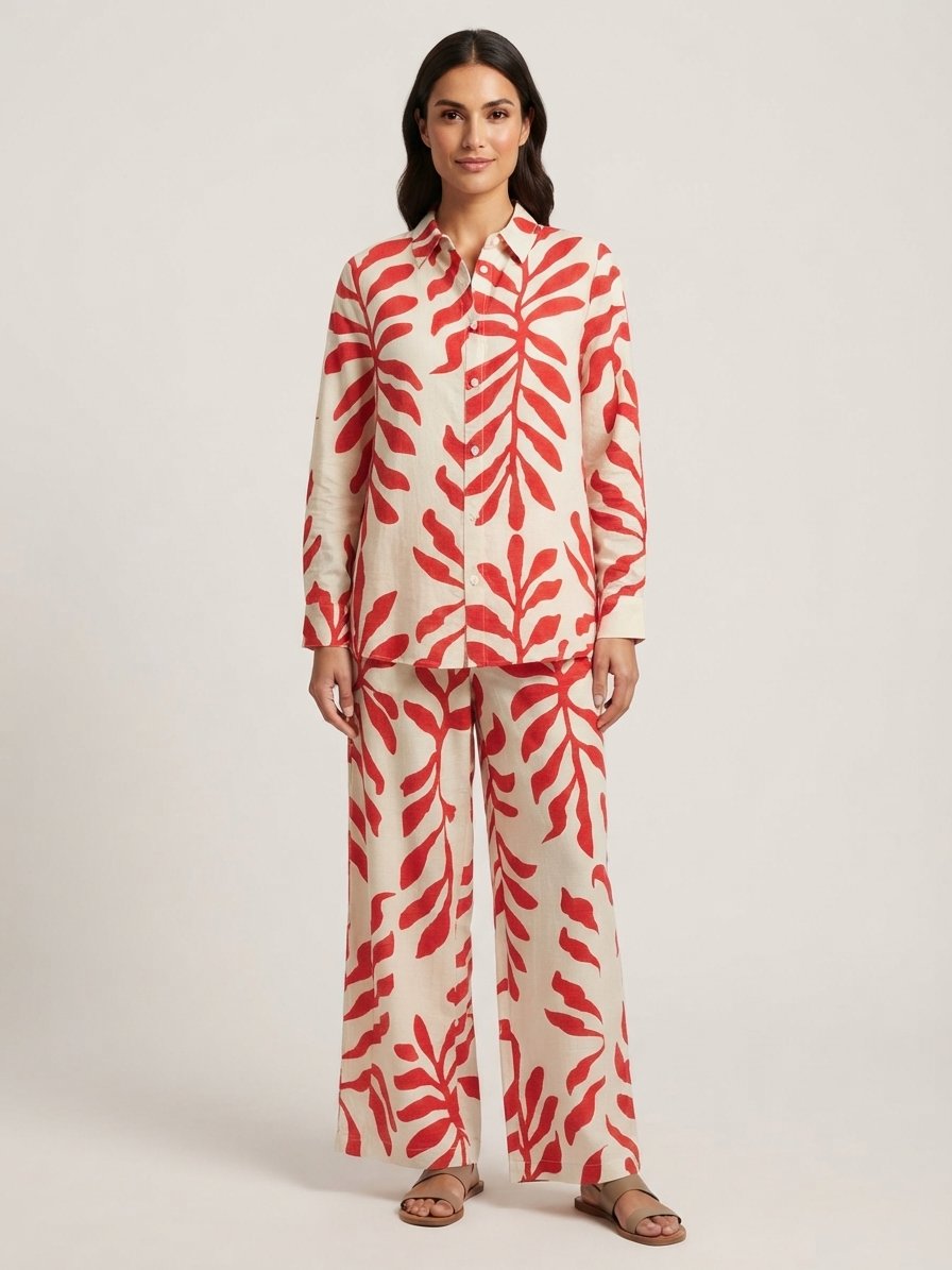 Women’s Red Botanical Printed Long Sleeve Co-ord Set