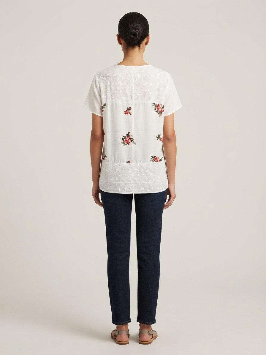 Women’s White Floral Embroidered Short Sleeve Top