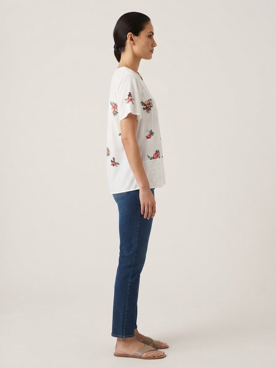 Women’s White Floral Embroidered Short Sleeve Top