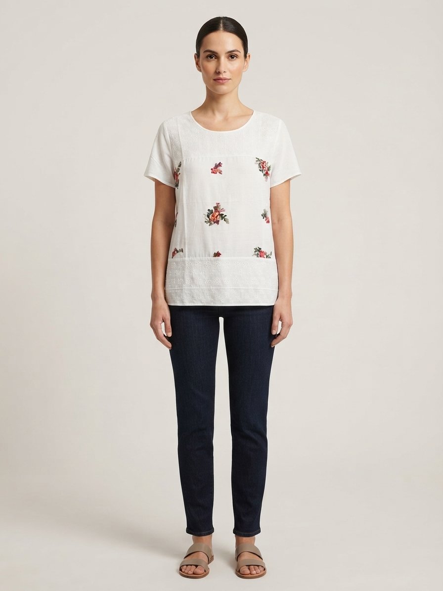 Women’s White Floral Embroidered Short Sleeve Top