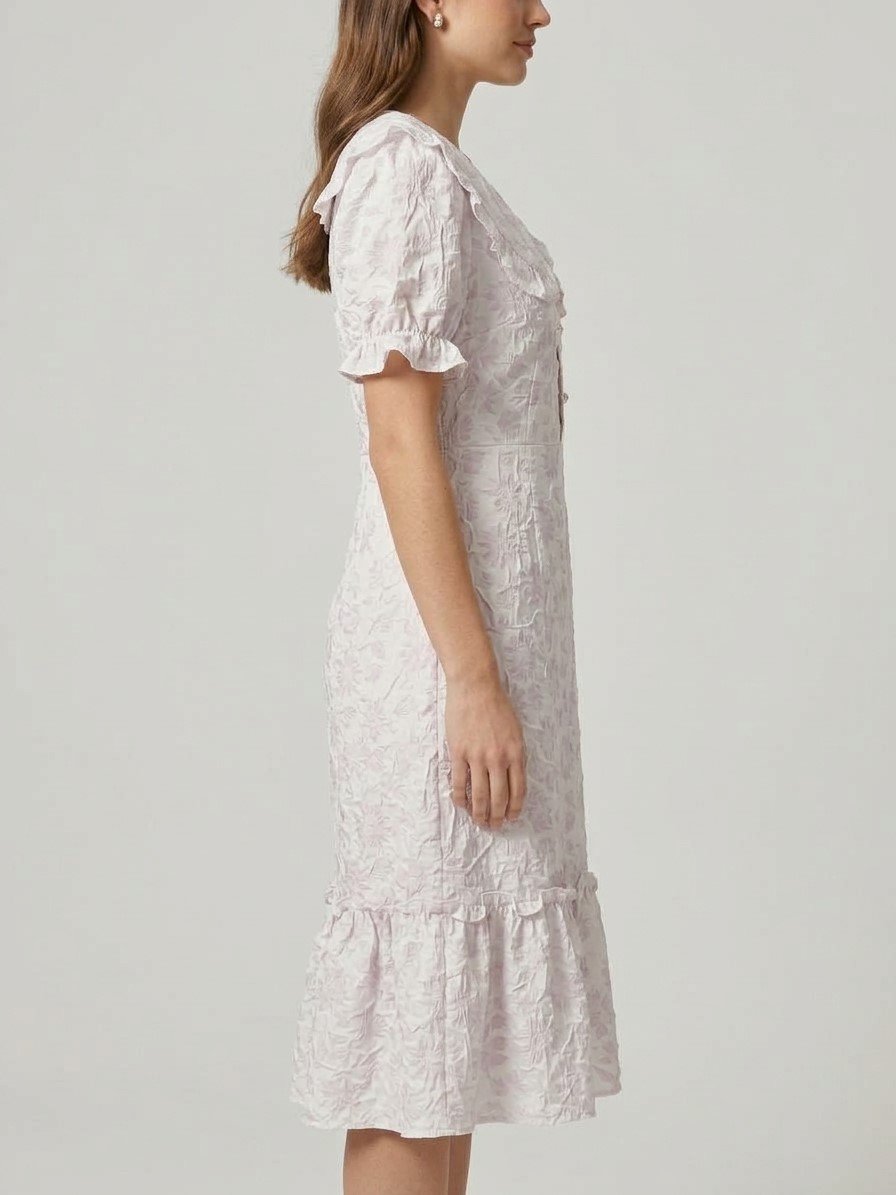 Women’s Ivory Floral Ruffle-Collar Midi Dress