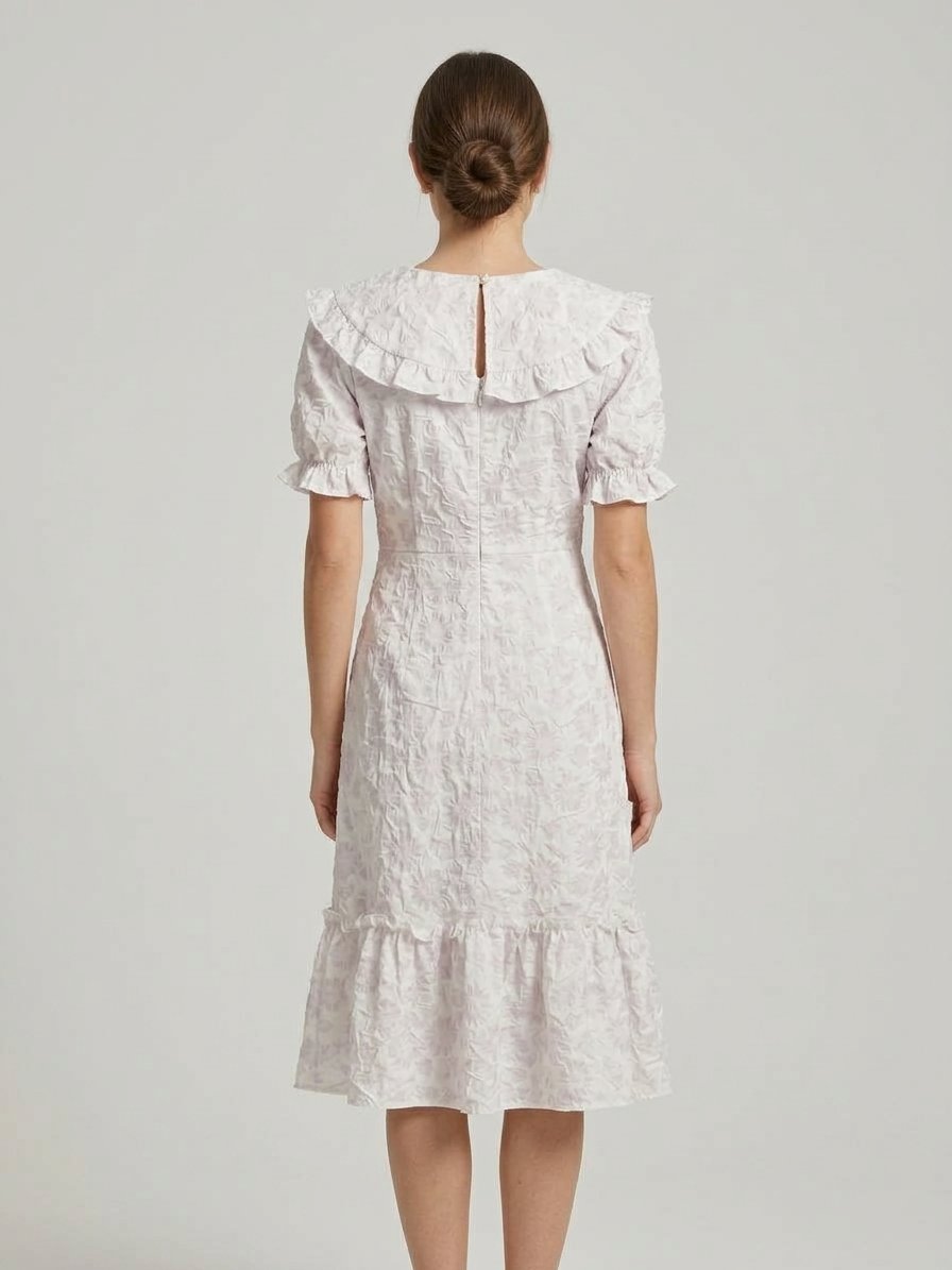 Women’s Ivory Floral Ruffle-Collar Midi Dress
