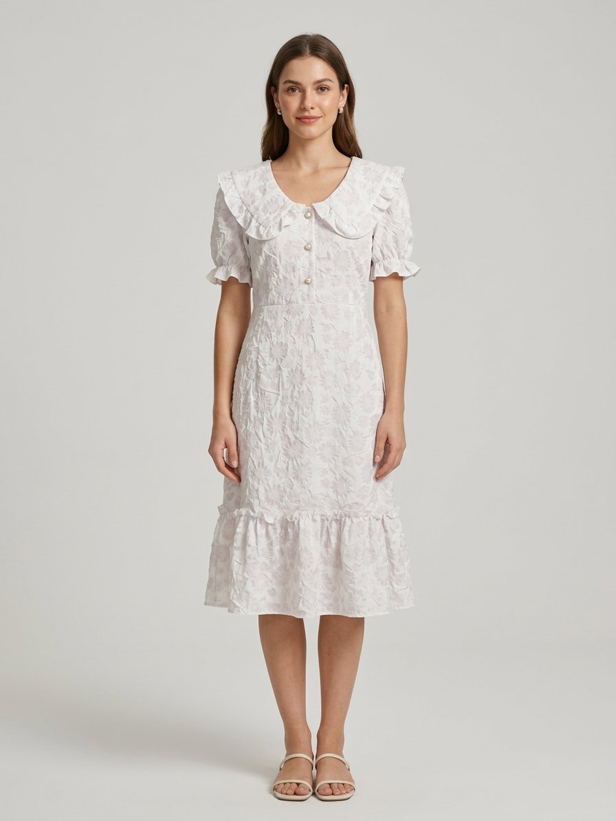 Women’s Ivory Floral Ruffle-Collar Midi Dress