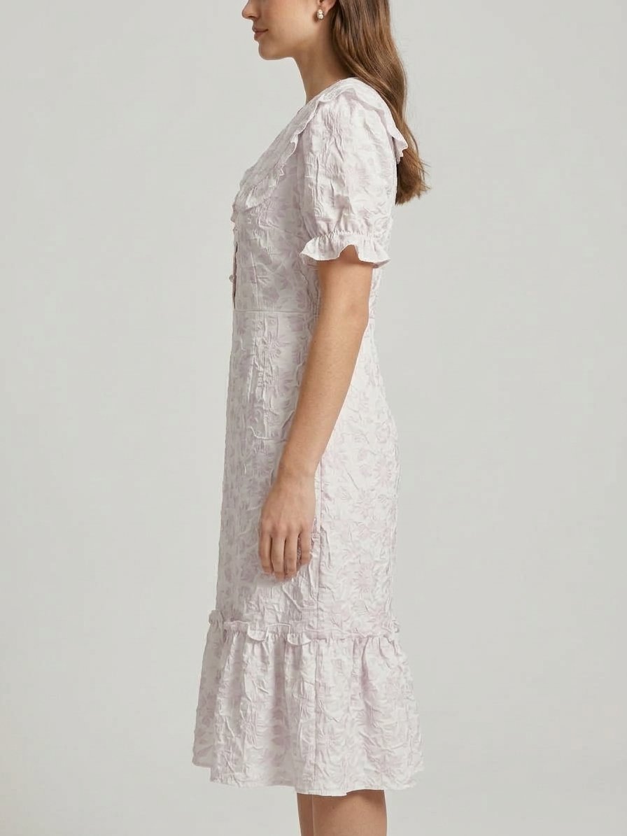 Women’s Ivory Floral Ruffle-Collar Midi Dress