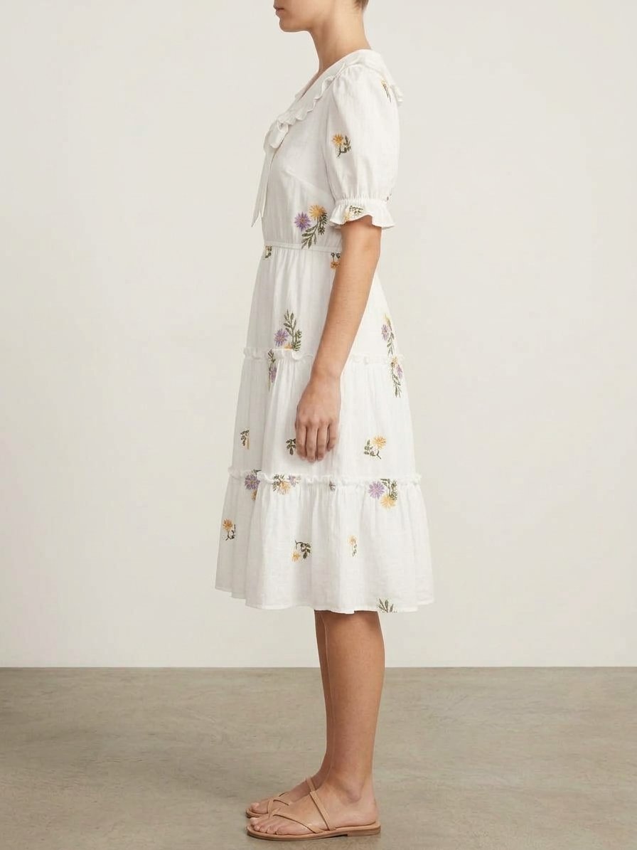 Women’s White Floral Bow-Tie Midi Dress