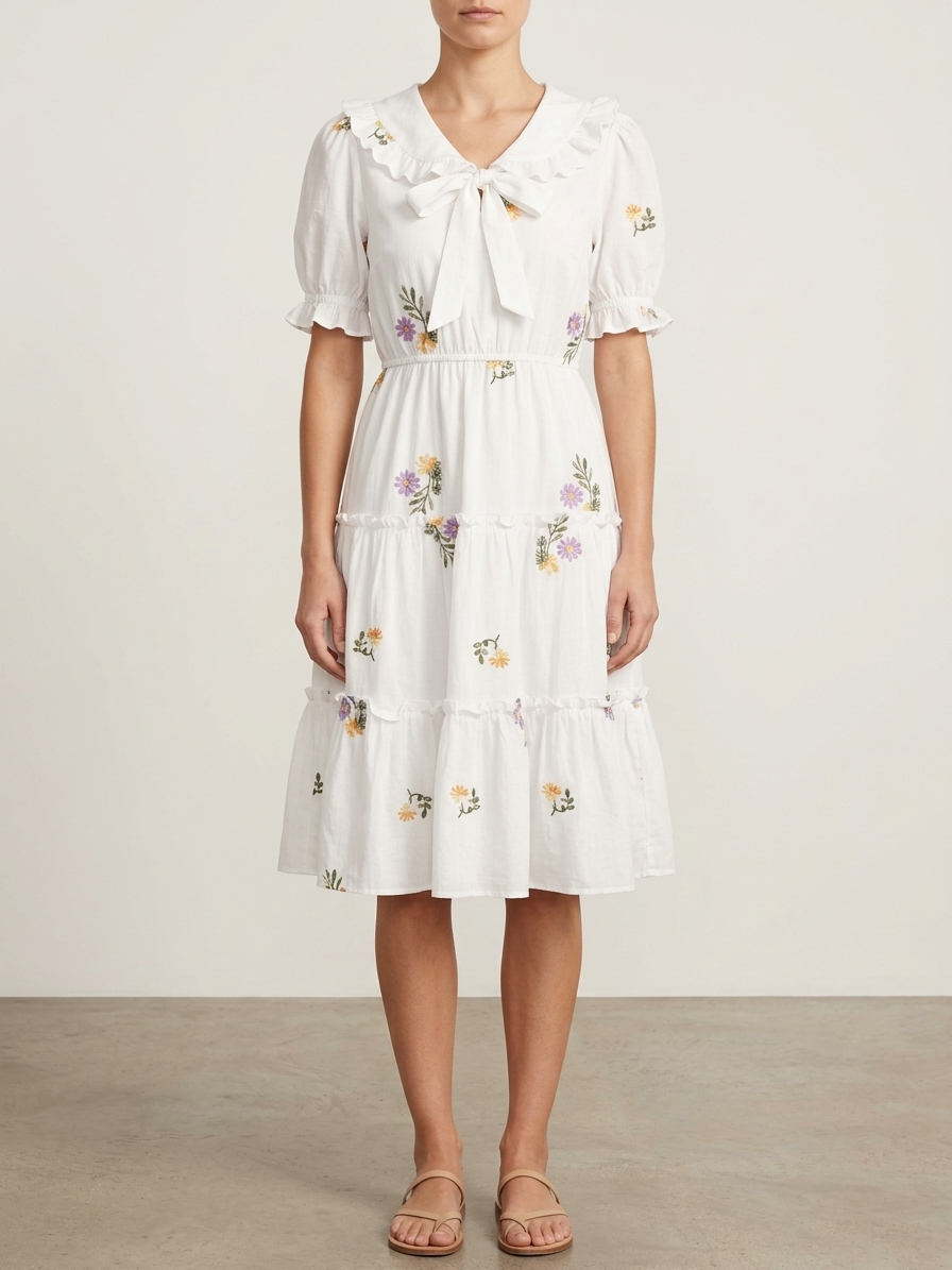 Women’s White Floral Bow-Tie Midi Dress