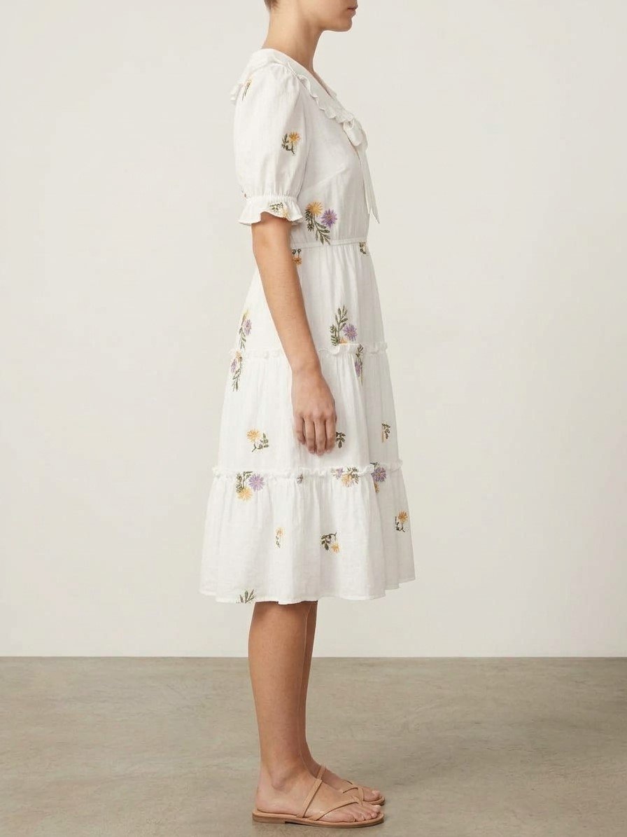 Women’s White Floral Bow-Tie Midi Dress