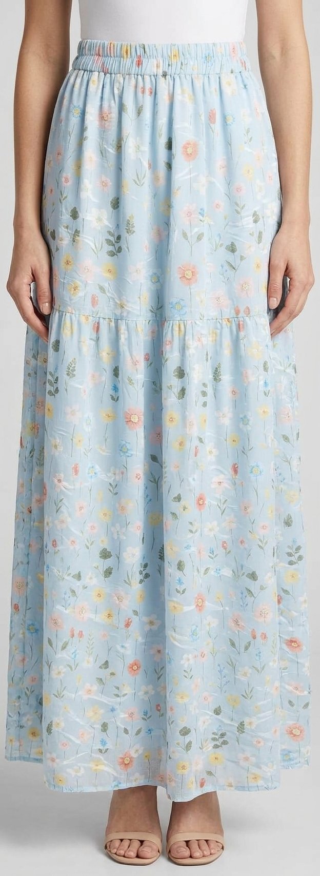 Women’s Light Blue Floral Tiered Maxi Skirt