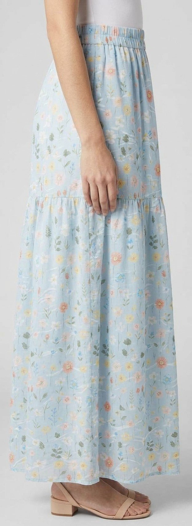 Women’s Light Blue Floral Tiered Maxi Skirt
