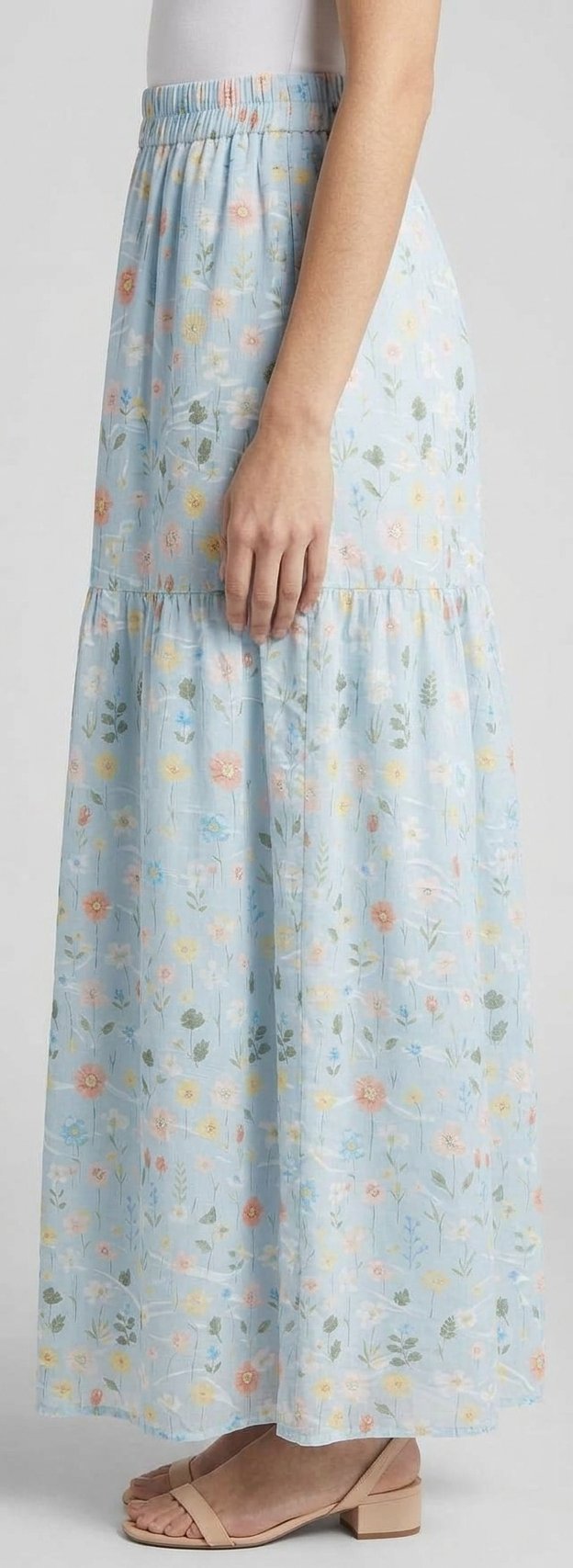 Women’s Light Blue Floral Tiered Maxi Skirt