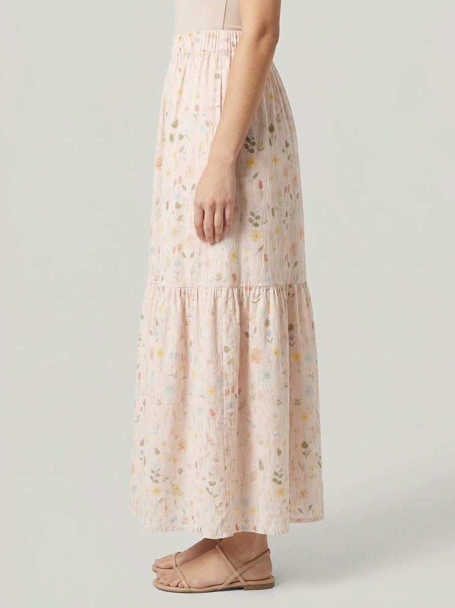 Women’s Light Blue Floral Tiered Maxi Skirt
